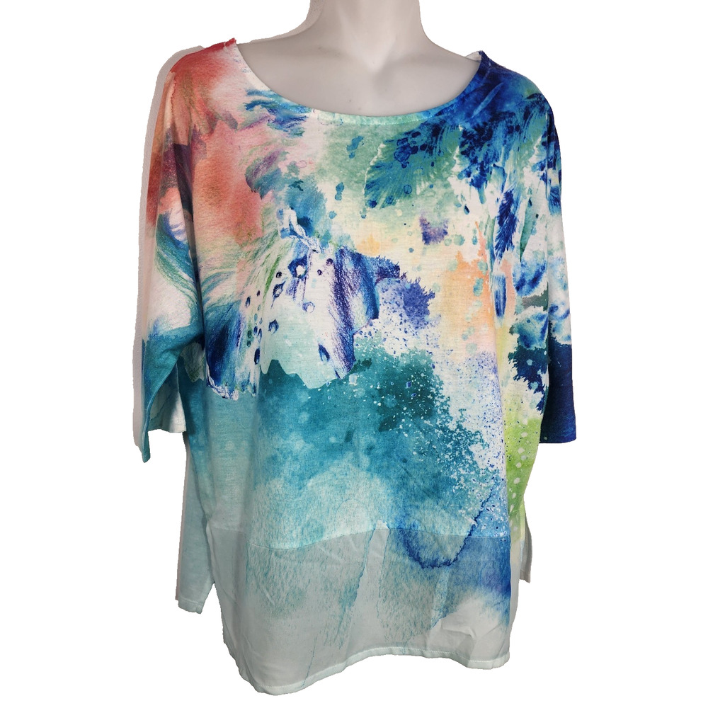 Chico's Womens Watercolor Print Top Sheer Trim Dolman 3/4 Sleeves Pullover Art M